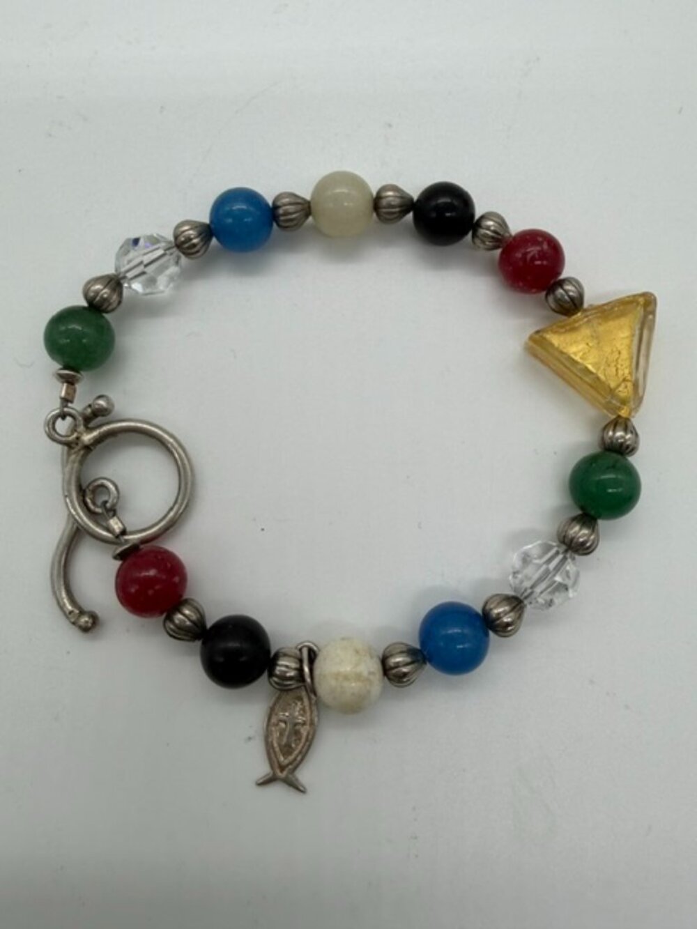 Sterling Silver Multi-Color Beaded Salvation Bracelet with Fish Charm